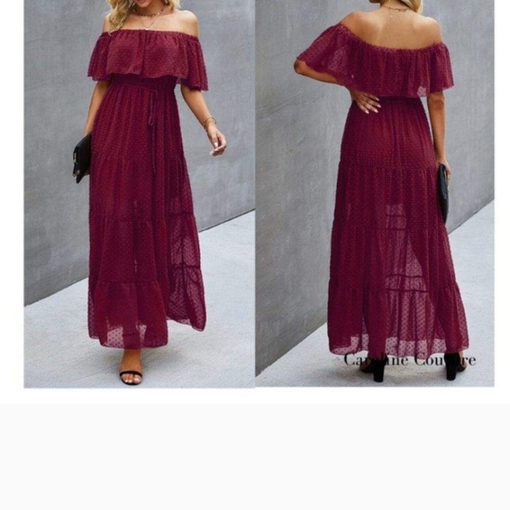 Burgandy Summer Off-Shoulder Maxi Dress Sheer - Picture 6 of 11